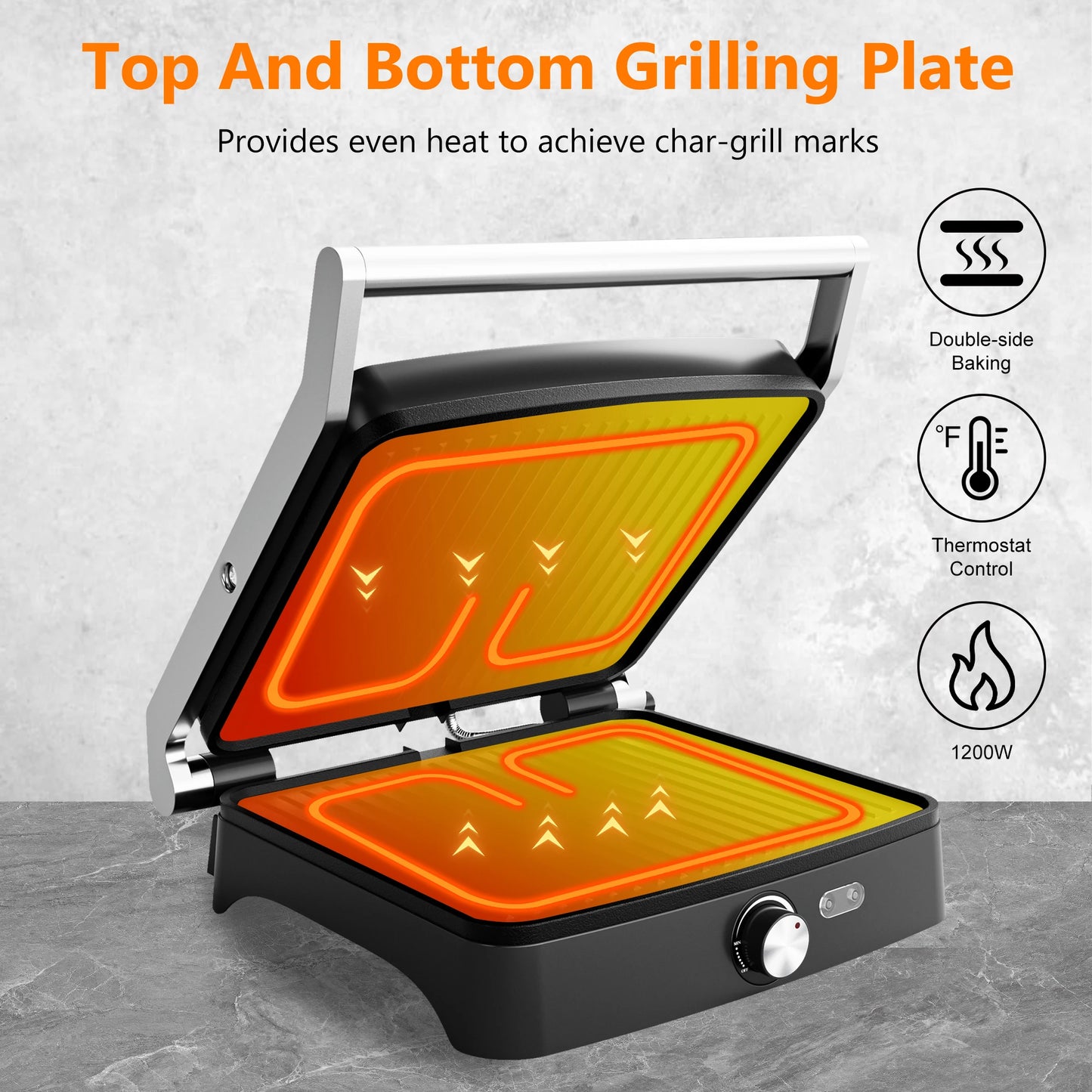 Panini Press Grill Indoor Sandwich Maker with Temperature Setting, 4 Slice Non-stick Grill, Opens 180 Degrees, 1200 W