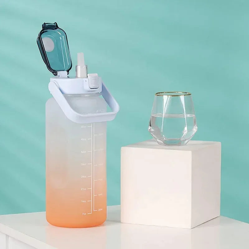 2L Sports Water Bottle High Temperature Resistant Graduated Straw Cup Rainbow Frosted Progressive Color Water Cup Plastic Cup