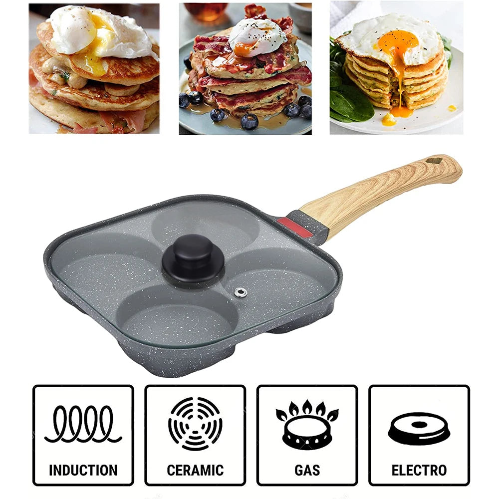 Non Stick 4-Cup Egg Frying Pan with flipping Lid Aluminum Pancake Egg Cooker with Spatula and Brush Burgers Omelet Cooking Pan
