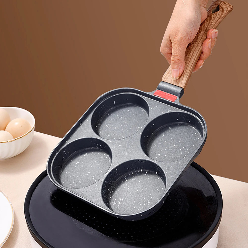 Non Stick 4-Cup Egg Frying Pan with flipping Lid Aluminum Pancake Egg Cooker with Spatula and Brush Burgers Omelet Cooking Pan