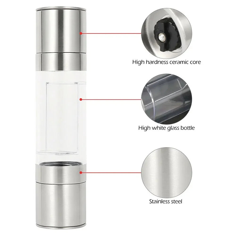 Manual Stainless Steel Salt and Pepper Grinder, Adjustable Ceramic Grinding Spice Mill, Kitchen Tool, 2 in 1