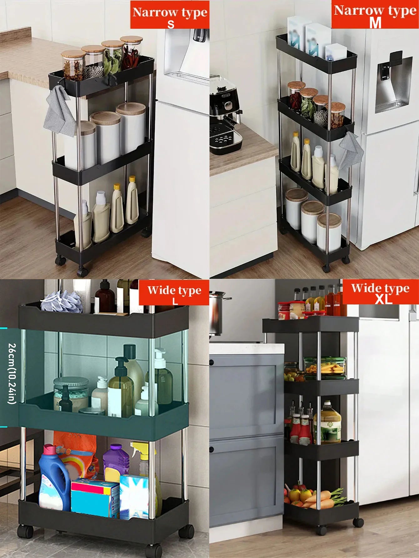 1pcs 3/4 Tier Rolling Utility Cart Storage