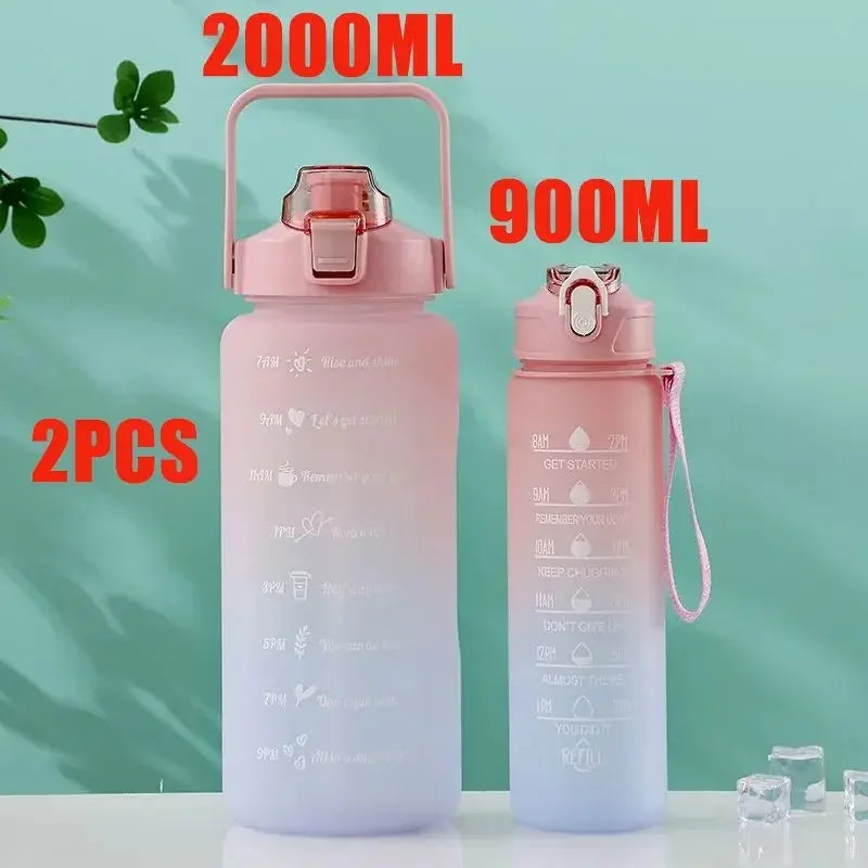 2L Sports Water Bottle High Temperature Resistant Graduated Straw Cup Rainbow Frosted Progressive Color Water Cup Plastic Cup
