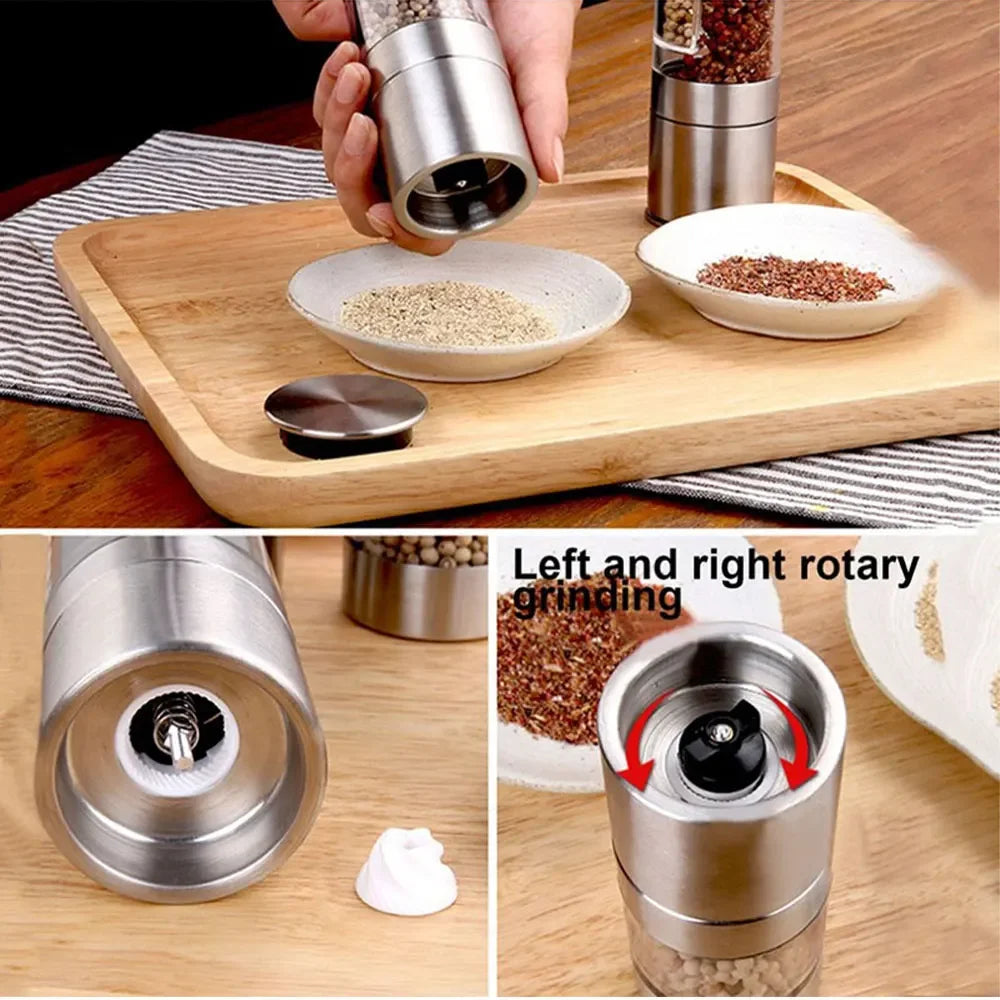 Manual Stainless Steel Salt and Pepper Grinder, Adjustable Ceramic Grinding Spice Mill, Kitchen Tool, 2 in 1
