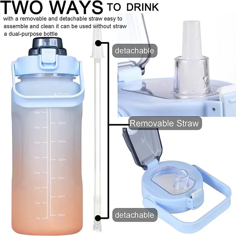 2L Sports Water Bottle High Temperature Resistant Graduated Straw Cup Rainbow Frosted Progressive Color Water Cup Plastic Cup