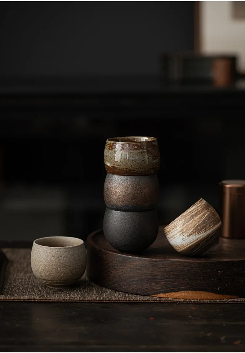 1pc Japanese Style Handmade Stoneware Tea Cup Kung Fu Tea Set Tea Cup Small Single Cup Ancient Style Quiet Road Cup Bowl Teacup