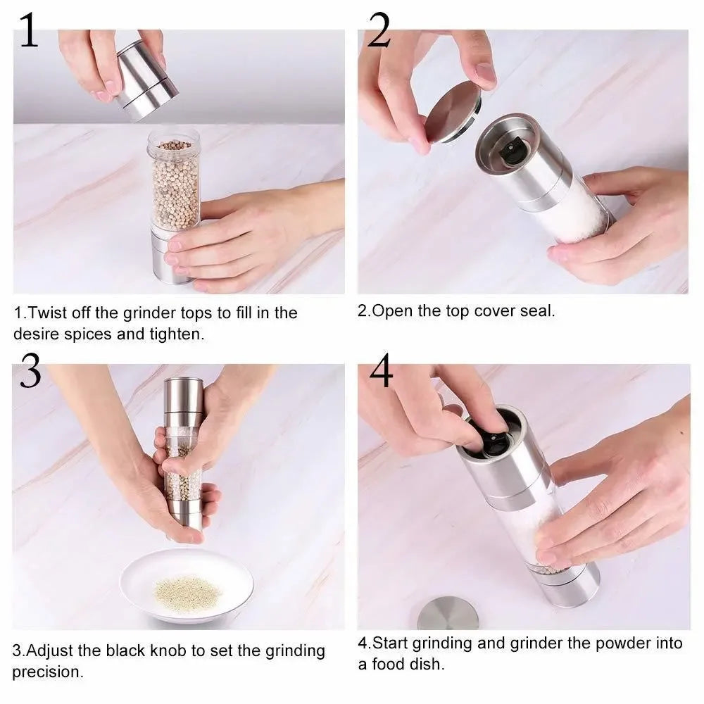 Manual Stainless Steel Salt and Pepper Grinder, Adjustable Ceramic Grinding Spice Mill, Kitchen Tool, 2 in 1