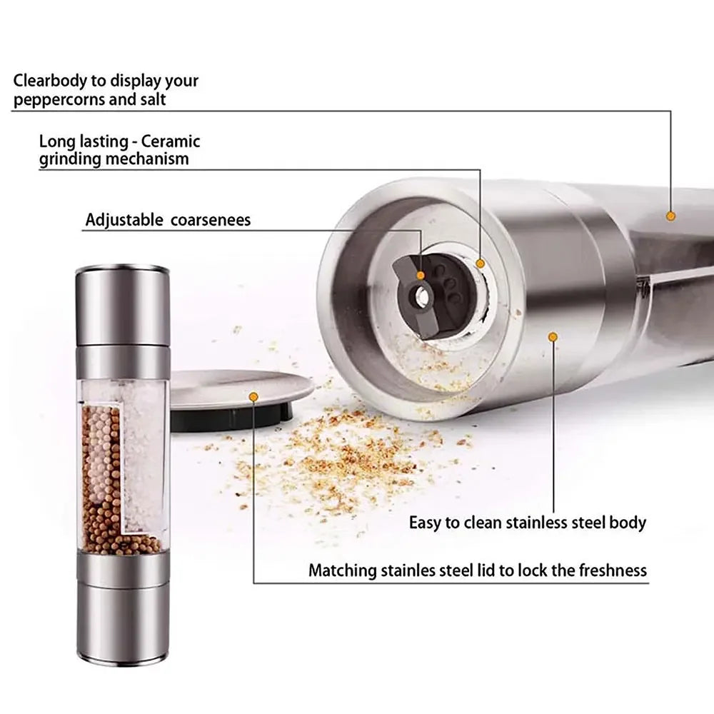 Manual Stainless Steel Salt and Pepper Grinder, Adjustable Ceramic Grinding Spice Mill, Kitchen Tool, 2 in 1