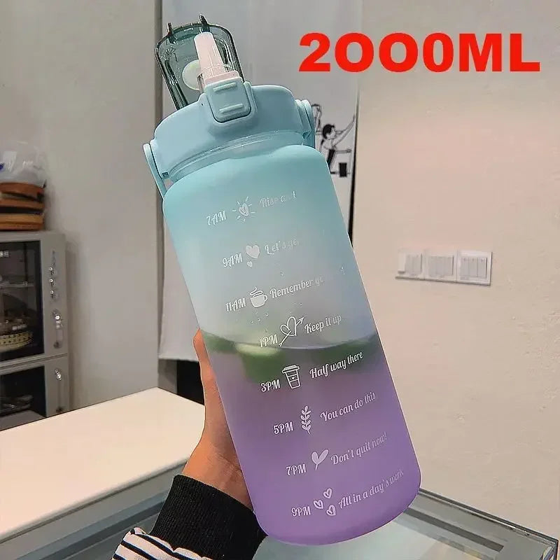2L Sports Water Bottle High Temperature Resistant Graduated Straw Cup Rainbow Frosted Progressive Color Water Cup Plastic Cup