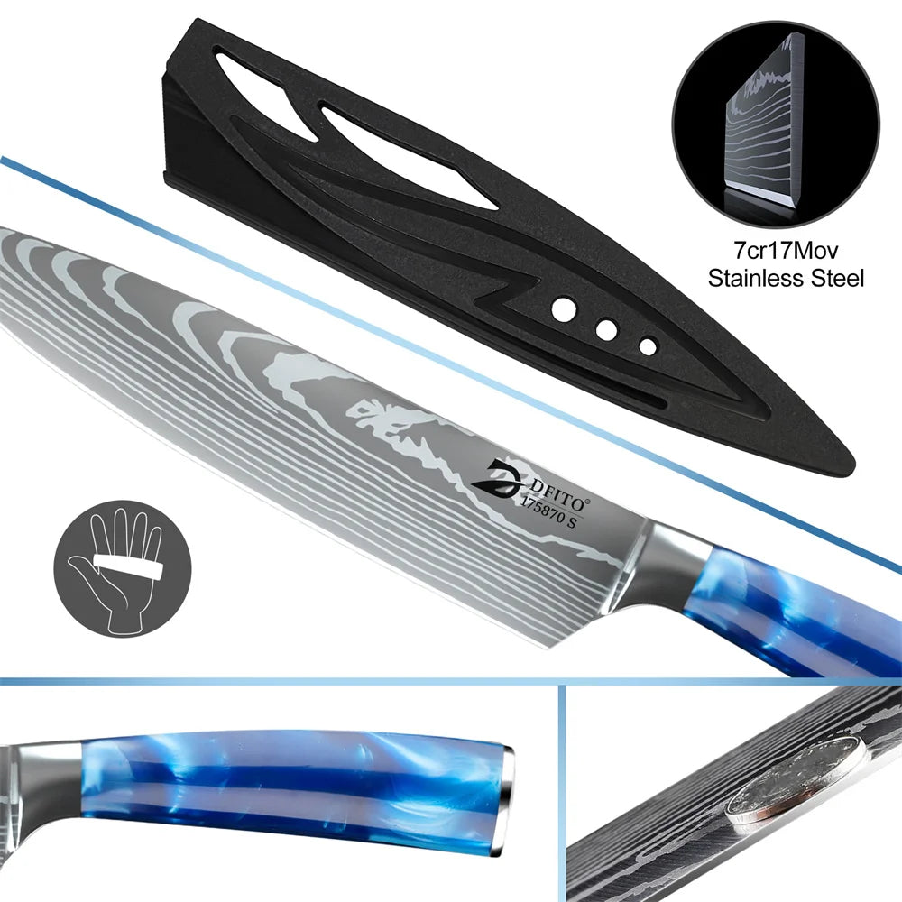8pcs Kitchen Knife Damascus Stainless + bag
