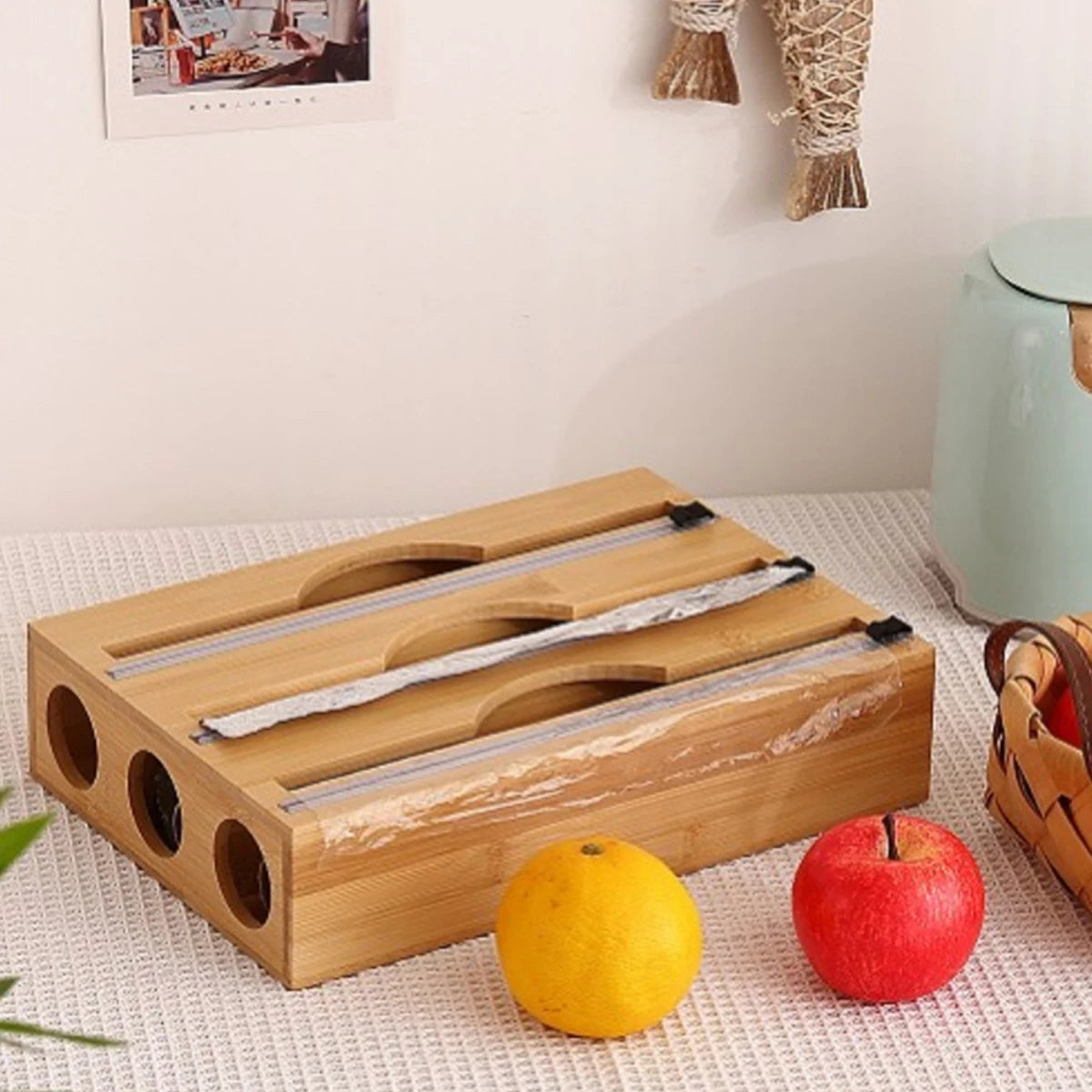 1pc Kitchen Wrap Dispenser With Foil & Cling Film Cutter Box, Bamboo Fresh Bag Cutting Holder, Trash Bag & Plastic Bag Wooden St