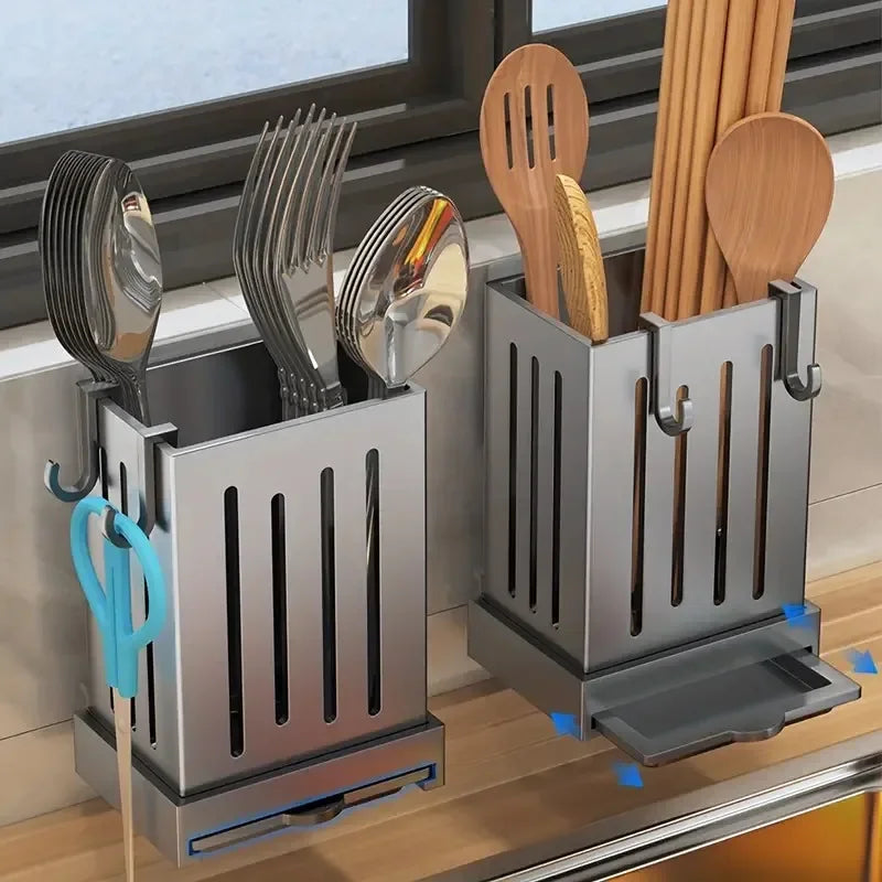 1Pc Kitchen Chopsticks Holder Multifunctional Hanging Utensil Drying Rack Hooks No Drilling Wall Mounted Spoon Fork Holders