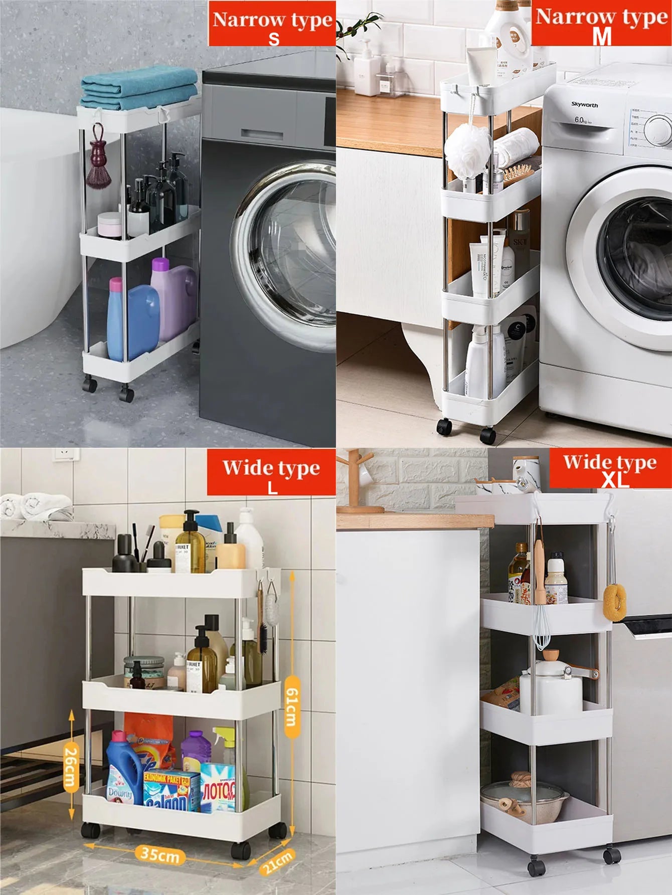 1pcs 3/4 Tier Rolling Utility Cart Storage