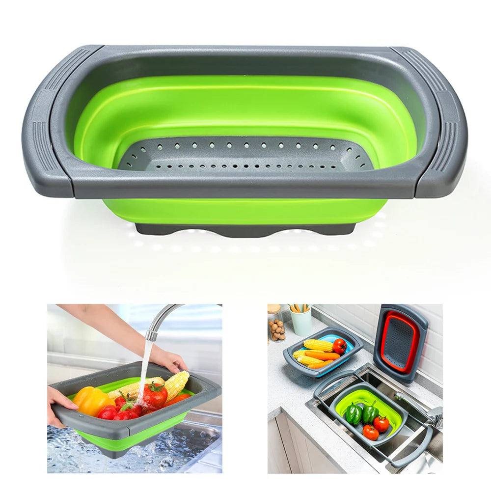 Silicone world Foldable Stretch Drain Basket Fruit Vegetable Washing Basket Strainer Colander Stacked Drainer Kitchen Tools