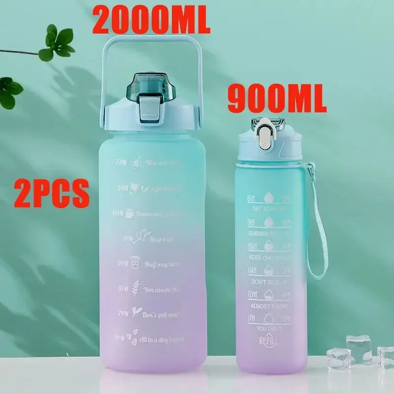 2L Sports Water Bottle High Temperature Resistant Graduated Straw Cup Rainbow Frosted Progressive Color Water Cup Plastic Cup