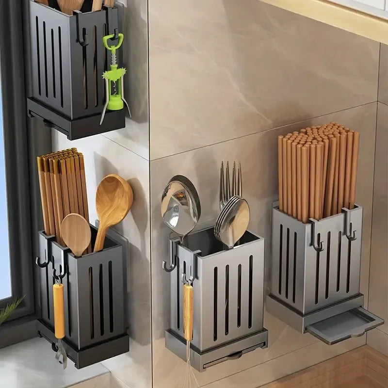 1Pc Kitchen Chopsticks Holder Multifunctional Hanging Utensil Drying Rack Hooks No Drilling Wall Mounted Spoon Fork Holders