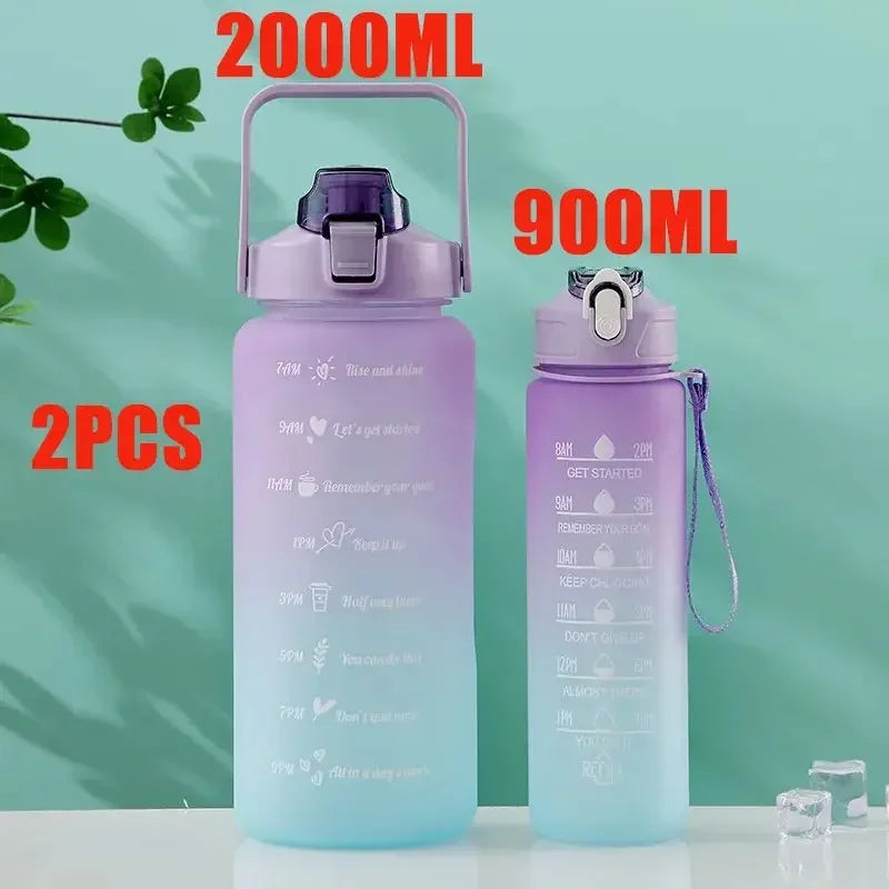 2L Sports Water Bottle High Temperature Resistant Graduated Straw Cup Rainbow Frosted Progressive Color Water Cup Plastic Cup