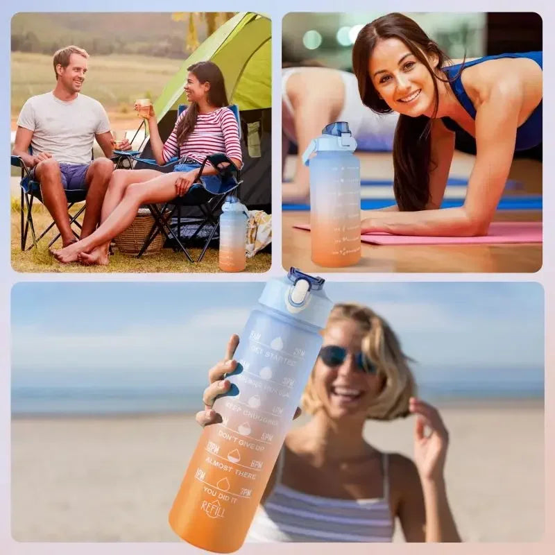 2L Sports Water Bottle High Temperature Resistant Graduated Straw Cup Rainbow Frosted Progressive Color Water Cup Plastic Cup