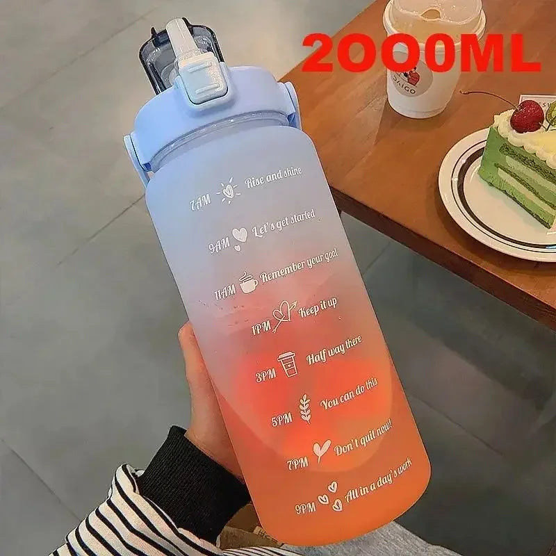 2L Sports Water Bottle High Temperature Resistant Graduated Straw Cup Rainbow Frosted Progressive Color Water Cup Plastic Cup
