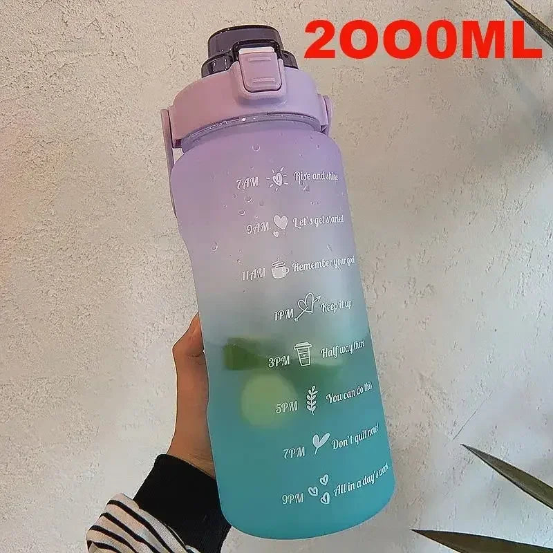 2L Sports Water Bottle High Temperature Resistant Graduated Straw Cup Rainbow Frosted Progressive Color Water Cup Plastic Cup