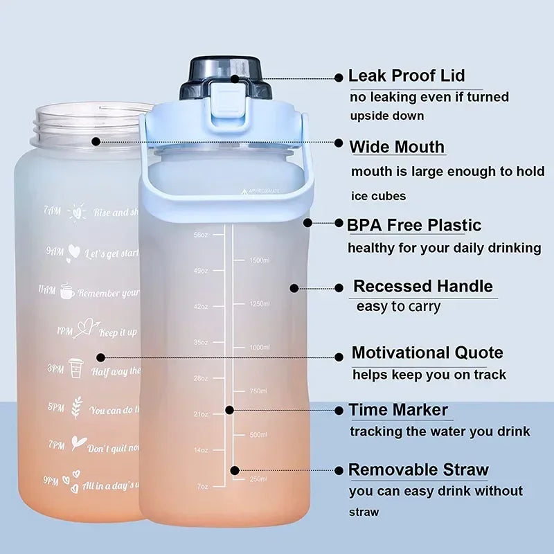 2L Sports Water Bottle High Temperature Resistant Graduated Straw Cup Rainbow Frosted Progressive Color Water Cup Plastic Cup
