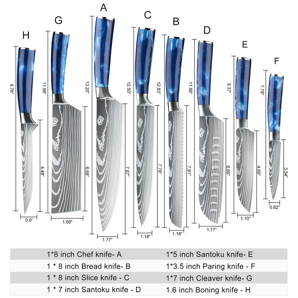 8pcs Kitchen Knife Damascus Stainless + bag