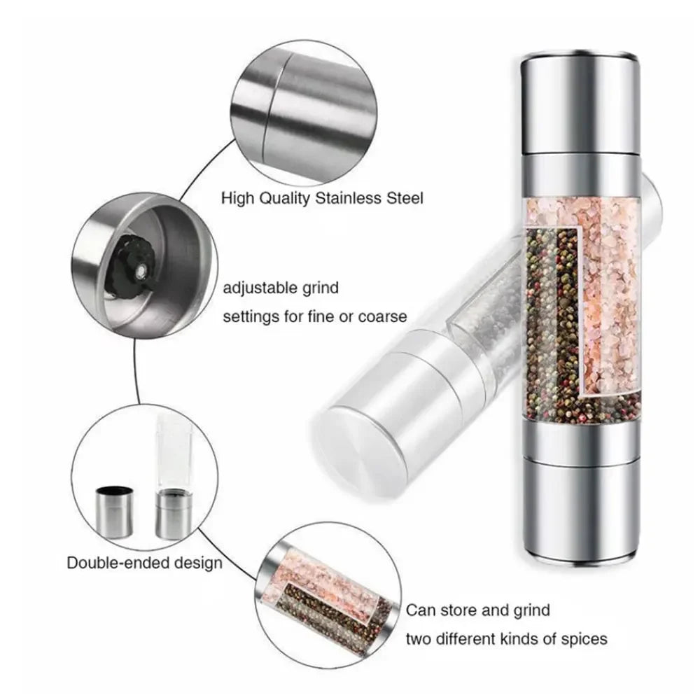 Manual Stainless Steel Salt and Pepper Grinder, Adjustable Ceramic Grinding Spice Mill, Kitchen Tool, 2 in 1