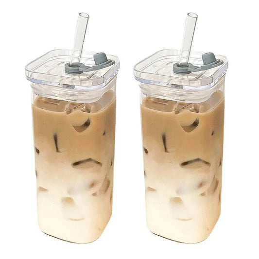 1Pcs Square Heat Resistant Coffee Glass Cup With Lid and Straw