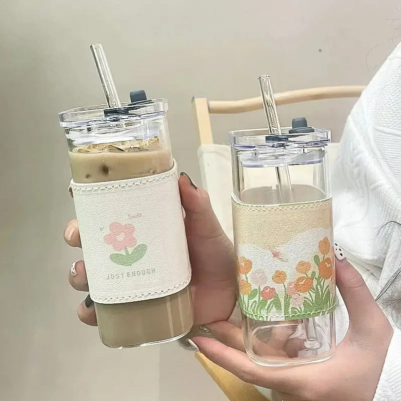 1Pcs Square Heat Resistant Coffee Glass Cup With Lid and Straw