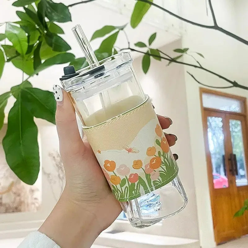 1Pcs Square Heat Resistant Coffee Glass Cup With Lid and Straw