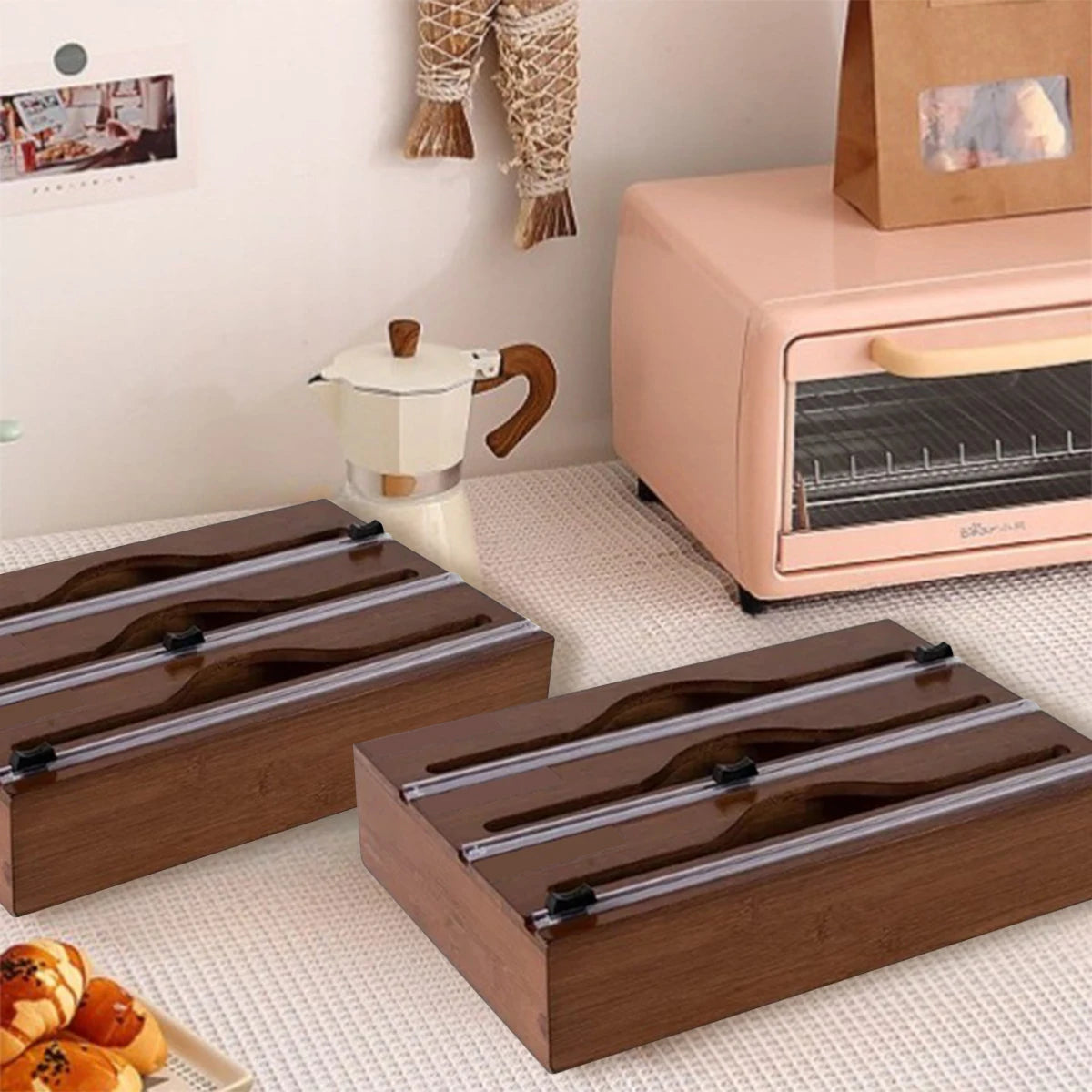 1pc Kitchen Wrap Dispenser With Foil & Cling Film Cutter Box, Bamboo Fresh Bag Cutting Holder, Trash Bag & Plastic Bag Wooden St