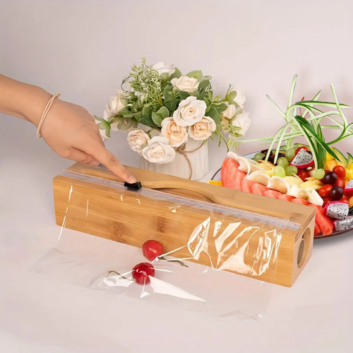 1pc Kitchen Wrap Dispenser With Foil & Cling Film Cutter Box, Bamboo Fresh Bag Cutting Holder, Trash Bag & Plastic Bag Wooden St