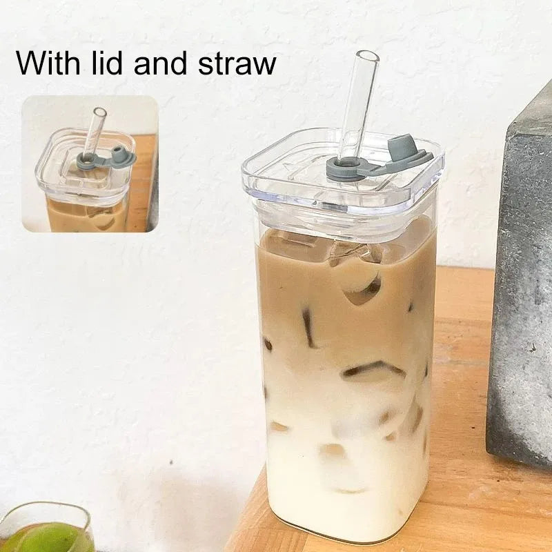 1Pcs Square Heat Resistant Coffee Glass Cup With Lid and Straw