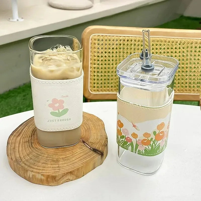 1Pcs Square Heat Resistant Coffee Glass Cup With Lid and Straw