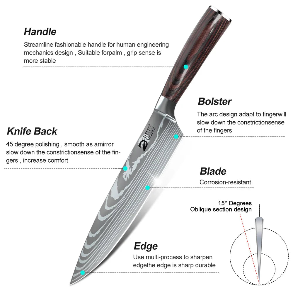 8pcs Kitchen Knife Damascus Stainless + bag