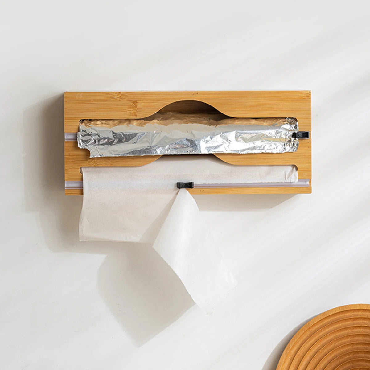 1pc Kitchen Wrap Dispenser With Foil & Cling Film Cutter Box, Bamboo Fresh Bag Cutting Holder, Trash Bag & Plastic Bag Wooden St