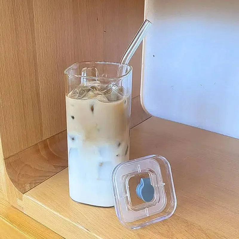1Pcs Square Heat Resistant Coffee Glass Cup With Lid and Straw
