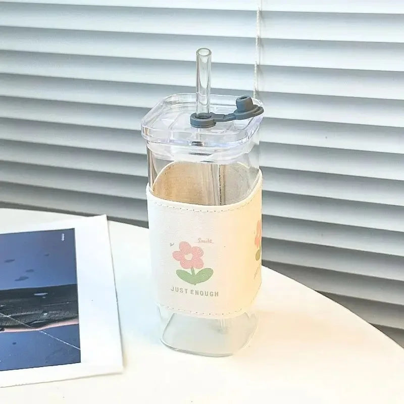 1Pcs Square Heat Resistant Coffee Glass Cup With Lid and Straw