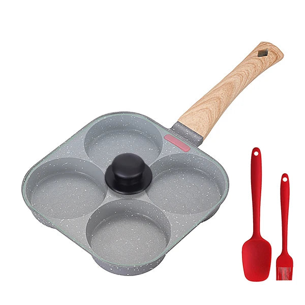 Non Stick 4-Cup Egg Frying Pan with flipping Lid Aluminum Pancake Egg Cooker with Spatula and Brush Burgers Omelet Cooking Pan