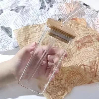 1Pcs Square Heat Resistant Coffee Glass Cup With Lid and Straw