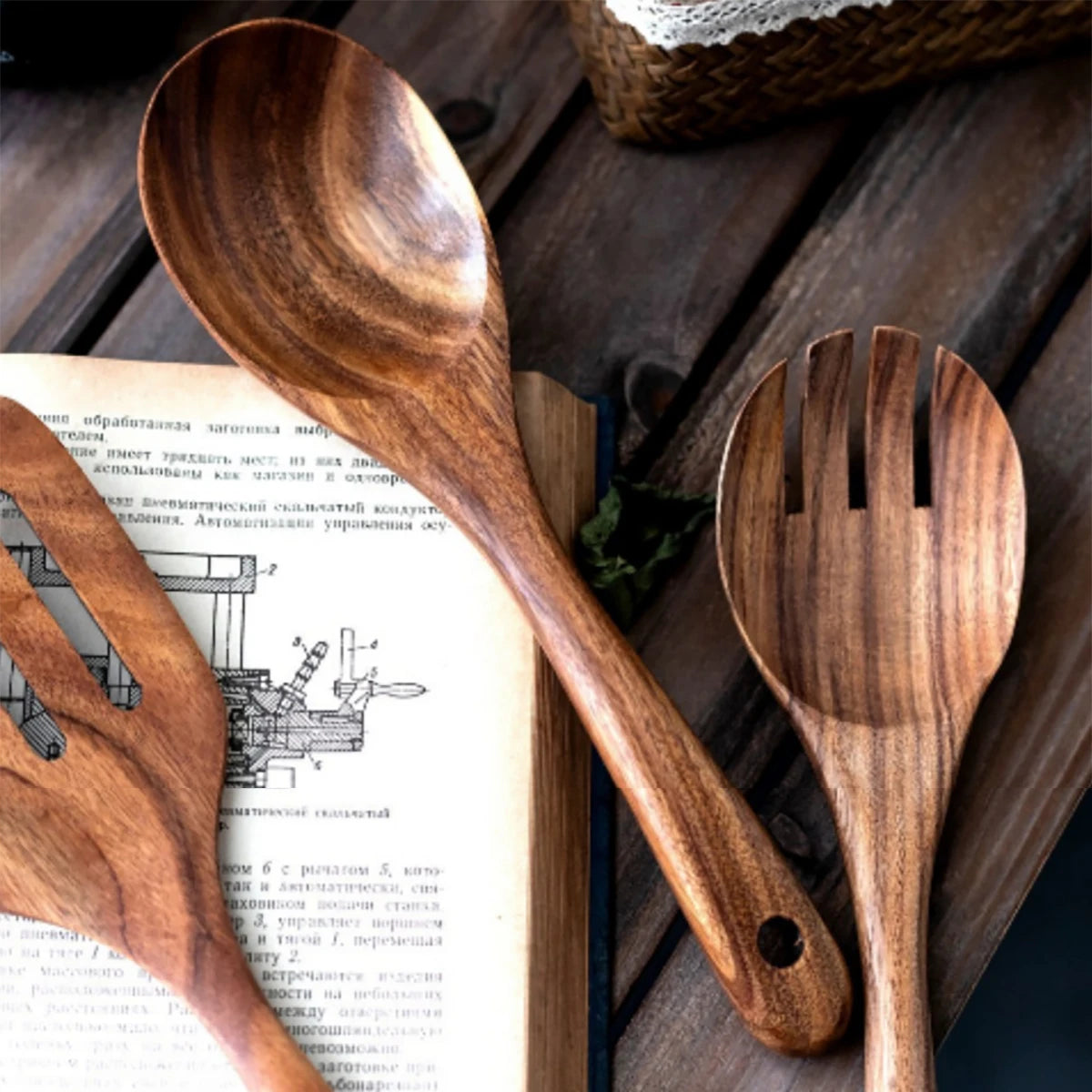 Beautiful Rustic Wood Kitchenware Cooking Set
