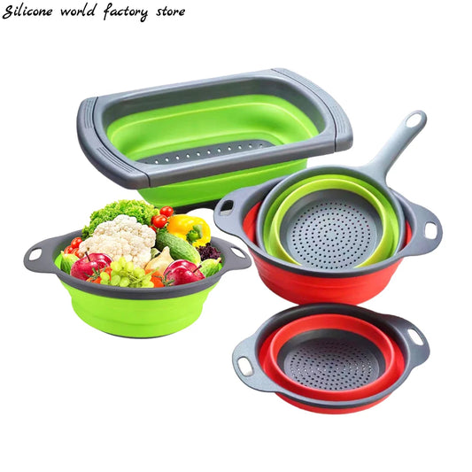 Silicone world Foldable Stretch Drain Basket Fruit Vegetable Washing Basket Strainer Colander Stacked Drainer Kitchen Tools