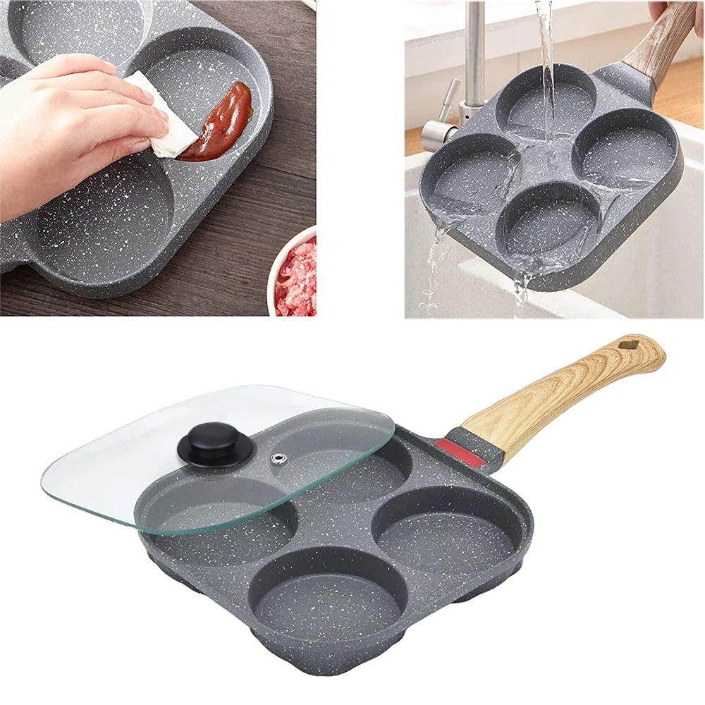 Non Stick 4-Cup Egg Frying Pan with flipping Lid Aluminum Pancake Egg Cooker with Spatula and Brush Burgers Omelet Cooking Pan