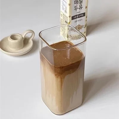 1Pcs Square Heat Resistant Coffee Glass Cup With Lid and Straw